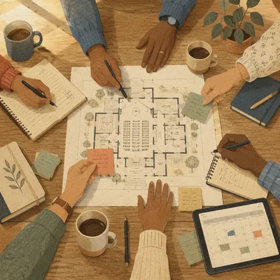 Church Staff Planning Meeting Over Floor Plan