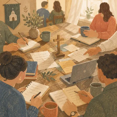 Church Staff Planning Meeting Around Wooden Table