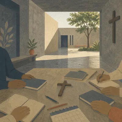 Church Staff Planning Meeting in Sunlit Courtyard