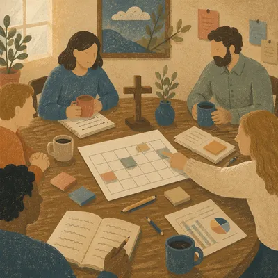 Church Staff Planning Meeting Around Wooden Table