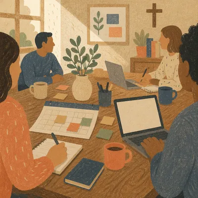 Church Staff Planning Meeting Around Wooden Table