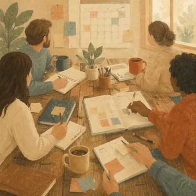 Church Staff Planning Meeting Around Wooden Table