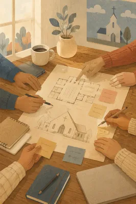 Church Staff Planning Meeting Over Floor Plans