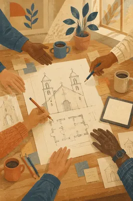 Church Staff Planning Meeting Around Architectural Plans