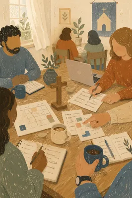 Church Staff Planning Meeting at Wooden Table