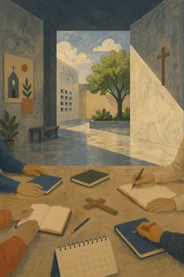Church Staff Planning Meeting in Sunlit Courtyard