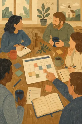 Church Staff Planning Meeting Around Wooden Table