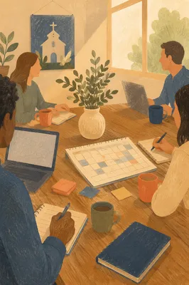 Church Staff Planning Meeting at Wooden Table