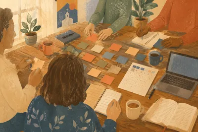 Church Staff Planning Around Wooden Table