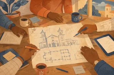 Church Staff Planning Meeting Around Building Plans
