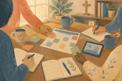 Church Staff Planning Meeting at Wooden Table