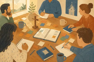 Church Staff Planning Meeting with Wooden Cross
