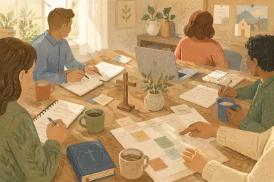 Church Staff Planning Meeting at Wooden Table