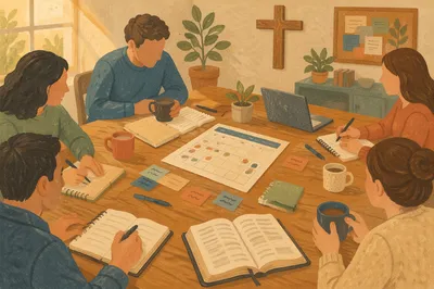 Church Staff Planning Meeting Around Wooden Table