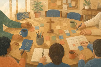 Church Staff Planning Meeting with Wooden Cross