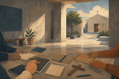 Church Staff Planning Meeting in Sunlit Concrete Hall