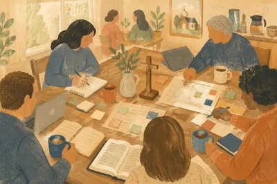 Church Staff Planning Meeting Around Wooden Table