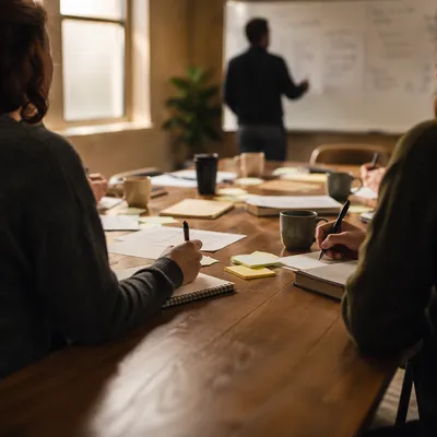 Church Staff Planning Meeting Around Wooden Table