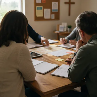Church Staff Planning Meeting Around Wooden Table