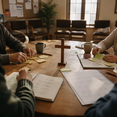 Church Staff Planning Meeting with Wooden Cross