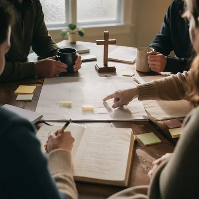 Church Staff Planning Meeting Around Wooden Table
