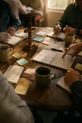 Church Staff Planning Meeting Around Wooden Table