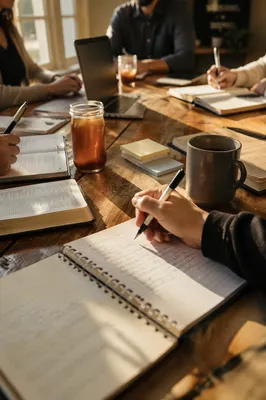 Church Staff Planning Meeting at Wooden Table