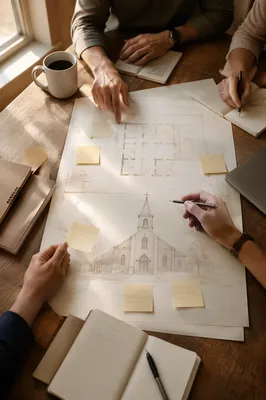 Church Staff Planning Meeting Over Floor Plans