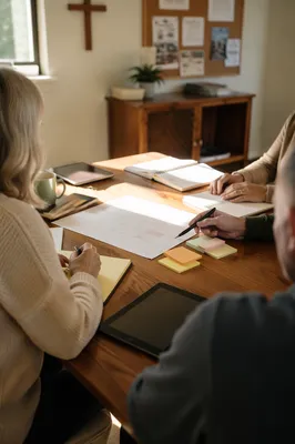 Church Staff Planning Meeting Around Wooden Table