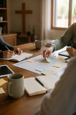 Church Staff Planning Meeting at Wooden Table