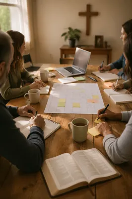 Church Staff Planning Meeting Around Wooden Table