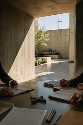 Church Staff Planning Meeting in Courtyard Light