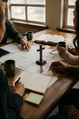 Church Staff Planning Meeting Around Wooden Table