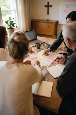 Church Staff Planning Meeting at Wooden Table
