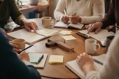 Church Staff Planning Meeting Around Wooden Table