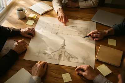 Church Staff Planning Meeting Over Floor Plans