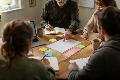 Church Staff Planning Meeting Around Wooden Table