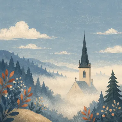 Rural Church Steeple in Morning Mist