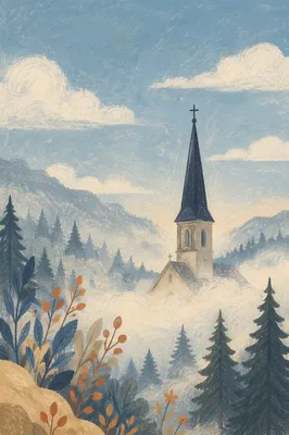 Rural Church Steeple in Morning Mist