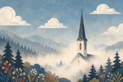 Rural Church Steeple in Morning Mist