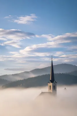 Rural Church Steeple in Morning Mist
