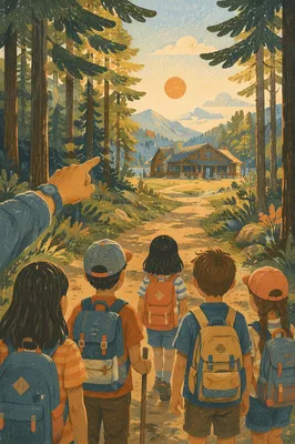 Kids Hiking Toward Summer Camp Lodge