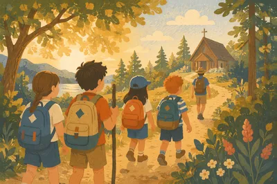 Kids Walking to Summer Camp Chapel