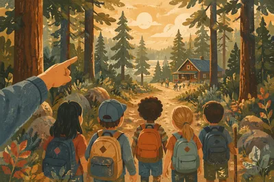 Kids Hiking Toward Summer Camp Lodge