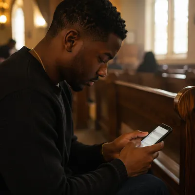 Young Man Reading Prayer Request in Church
