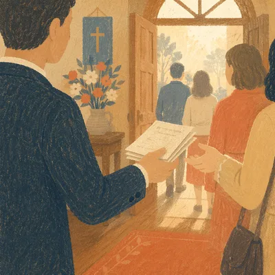 Church Usher Greeting with Sunday Bulletins