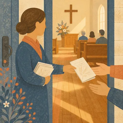 Church Usher Welcoming Worshipers at Door