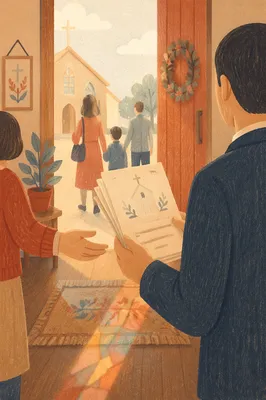 Church Usher Welcoming Guests with Bulletins