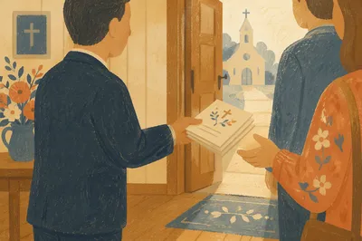 Church Usher Welcoming Guests With Bulletins