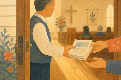 Church Usher Welcoming Guests With Bulletins